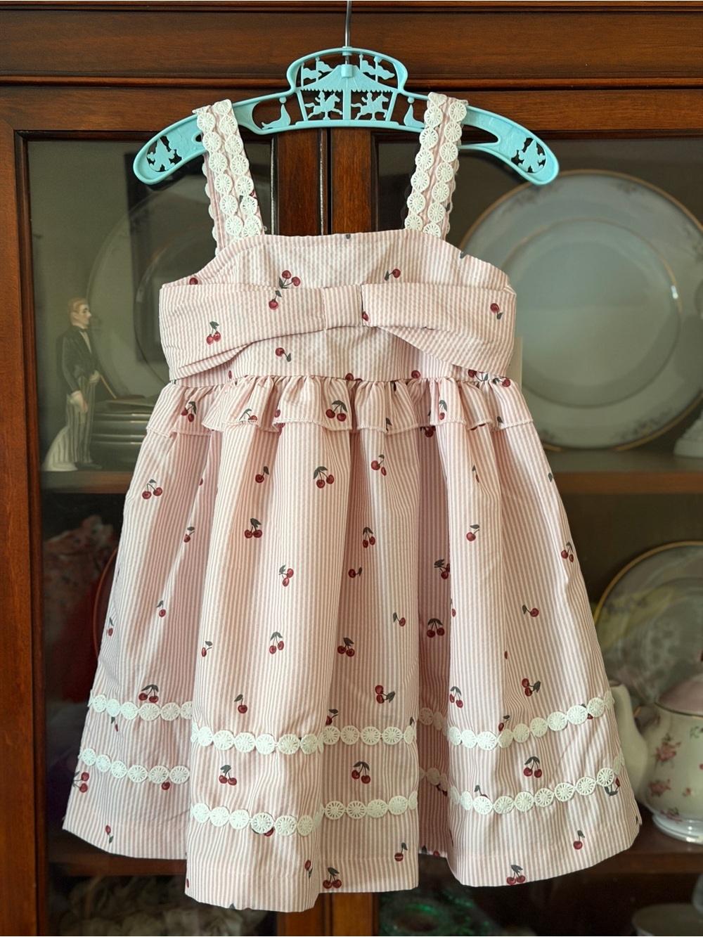 Pink Striped Cherry-Print Dress with Lace Straps